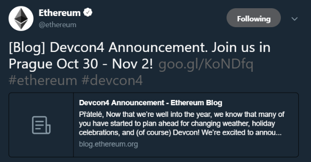 10月30日　イーサリアム　仮想通貨イベント　Devcon